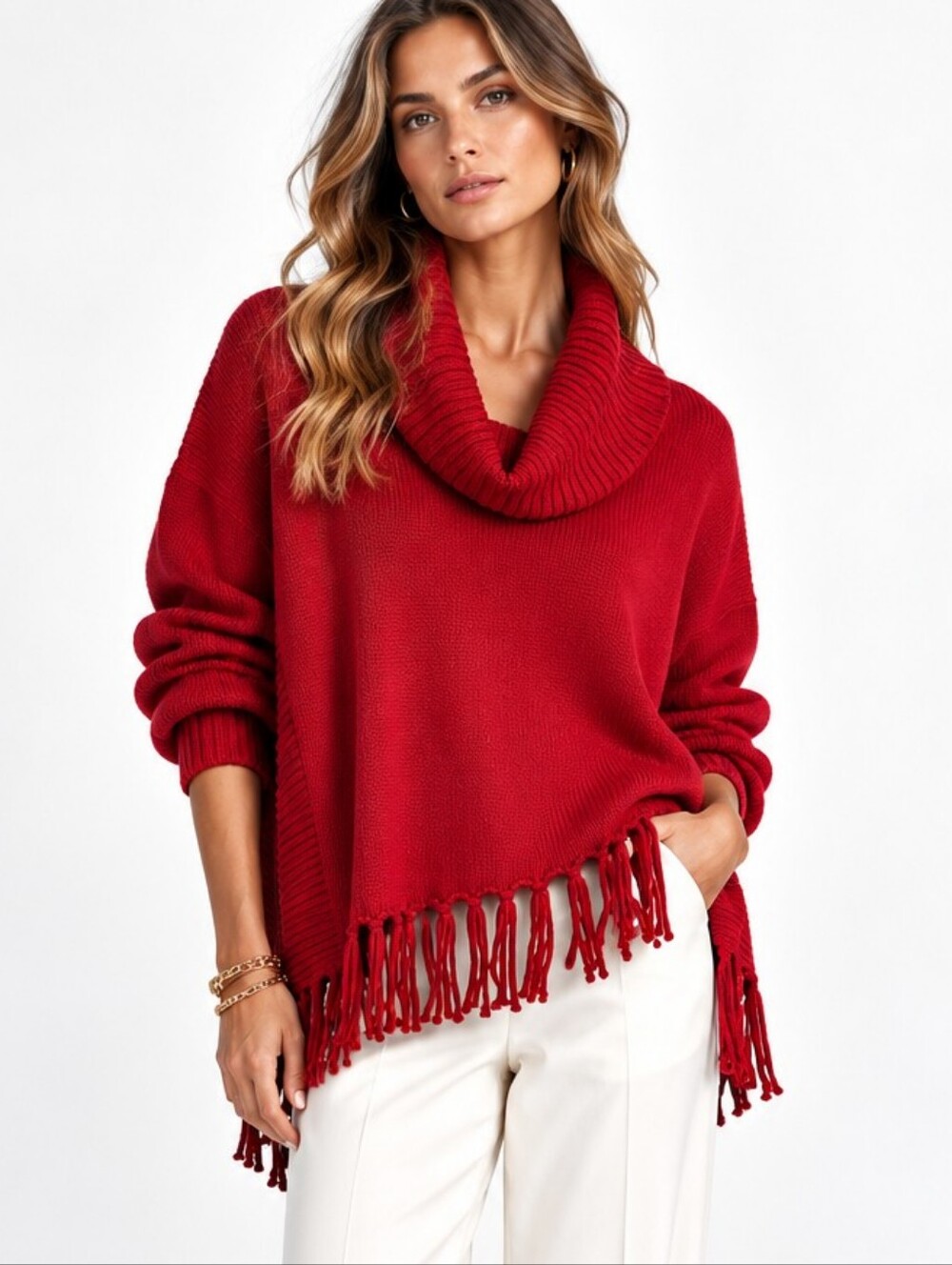 Chico's Sweater Red Cowl Neck With Fringe